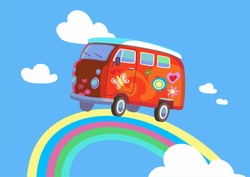 Amazing Hippie Car Illustration. Surfing And Happy Summer Life Concept Cartoon In Style. Colorful And Flat Style Design For Print Advertising, Postcard.