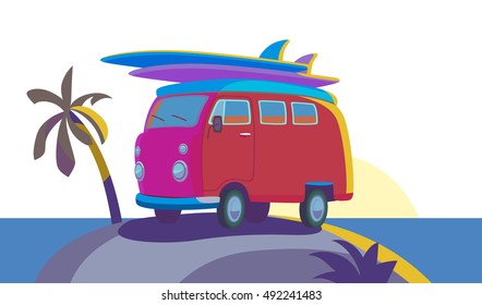 Amazing hippie car illustration. Surfing concept cartoon style. Colorful and flat style design for print advertising, postcard.