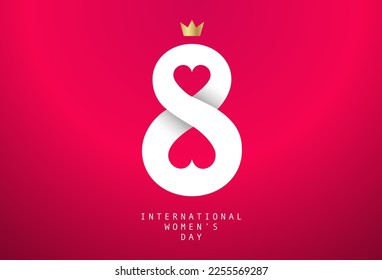 Amazing holiday postcard by March 8 - International Women's Day. Large white number 8 with two hearts on a scarlet background. Vector illustration.