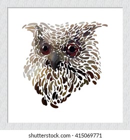 Amazing horned owl portrait vector hand drawn animal illustration. Beautiful art with wild horned owl portrait. Isolated bird on white background. Hand drawn vector illustration.