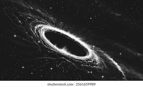 Amazing huge deep space spiral galaxy in stippling style with massive black hole or glowing portal in center. Retro styled dotwork. Pointillism. Noisy grainy shading using dots. Vector illustration