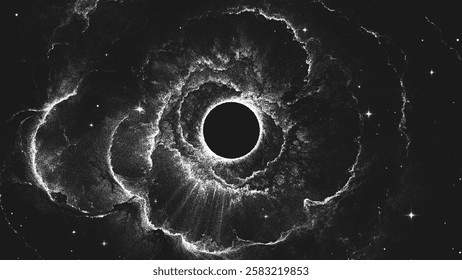 Amazing huge massive black hole surrounded by a cosmic nebula. Gravitational pull of the universe in a cosmic cloud storm of light and shadows. Dotwork. Pointillism. Dots shading. Vector illustration