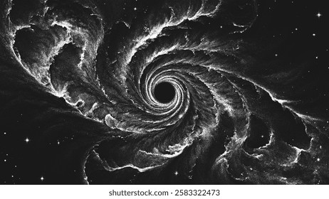 Amazing huge massive black hole surrounded by a cosmic nebula. Gravitational pull of the universe in a cosmic cloud storm of light and shadows. Dotwork. Pointillism. Dots shading. Vector illustration