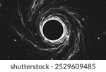 Amazing huge nebula with massive black hole in deep space. Circle shape for banner or poster in stippling style. Retro styled dotwork. Pointillism. Noisy grainy shading using dots. Vector illustration