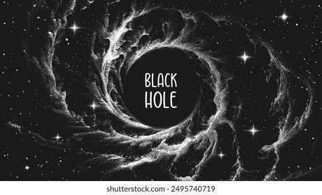 Amazing huge nebula with massive black hole in deep space. Circle shape for banner or poster in stippling style. Retro styled dotwork. Pointillism. Noisy grainy shading using dots. Vector illustration