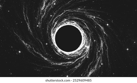 Amazing huge nebula with massive black hole in deep space. Circle shape for banner or poster in stippling style. Retro styled dotwork. Pointillism. Noisy grainy shading using dots. Vector illustration