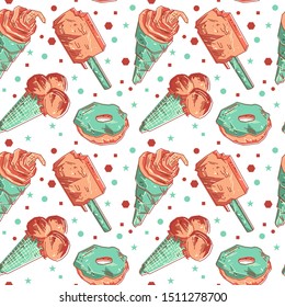 Amazing ice cream seamless pattern. Hand drawn sweet wrapping pattern. Childish cute elements