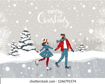 Amazing illustration for Christmas and New Year with couple on skating. Amazing winter holiday card. Vector illustration