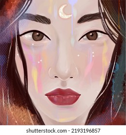 Amazing illustration portrait of Asian woman. Multicolored tears. Moon on the forehead. Astrology.
