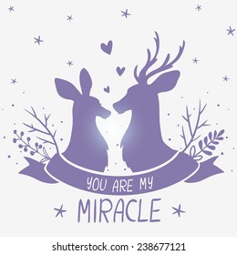 amazing illustration with silhouettes of beautiful portrait couple deer with place for text