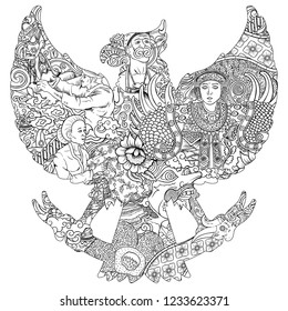 amazing indonesia culture in garuda silhouete black and white illustration