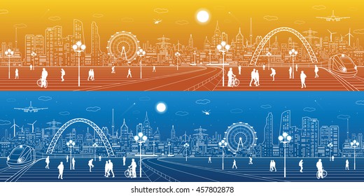 Amazing infrastructure and transport panorama. Train move, railway station, town square, people walk, night city skyline, arch bridge, airplane fly, vector design art