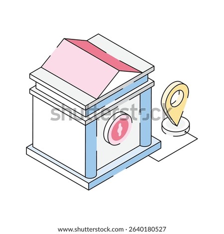 An amazing isometric icon showing bank location pin