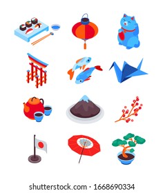 Amazing Japan - modern colorful isometric icons set. Japanese culture and traditions ideas. Tea ceremony, Fuji Mount, sakura, fish, paper crane, cat, Torii gates, sushi, lantern, bonsai, flag images