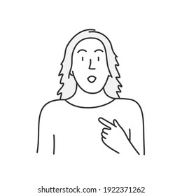 Amazing lady points to herself. Hand drawn vector illustration.