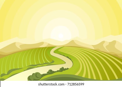 Amazing landscape of sunrise above fields at countryside