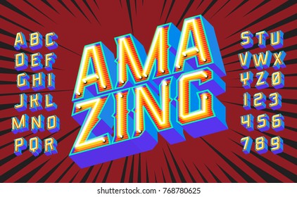 Amazing lettering 3D vintage letters with fluorescent neon lights. Vector retro illustration