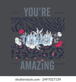 YOU’RE AMAZING lettering with heart. Inspirational and motivational quotes. Hand brush lettering. Unique hand drawn type design, brush calligraphy.