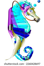 Amazing light blue seahorse vector illustration with oxygen mask, illustrative design, best marine animal surreal modern vector. spectacular illustration.