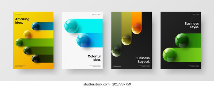 Amazing magazine cover A4 design vector layout composition. Creative 3D balls poster template collection.