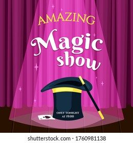 Amazing Magic Show Placard Illustration. Evening Poster Invitation Mystical Performance Wizards Best Mysterious Sorcerers Stage Will Show Superior Tricks Witchcraft. Magic Vector Cartoon.