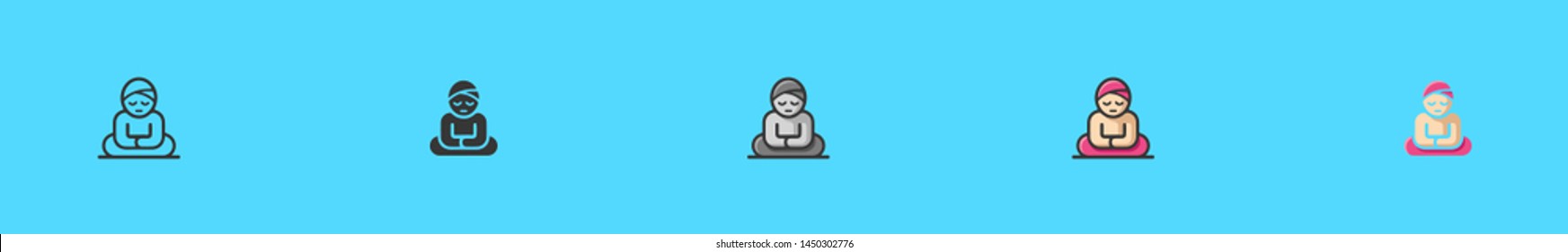 Amazing meditating young yogi man in yoga lotus pose. Hindu Sadhu practices meditation for logo, UI, UX. Six icons - linear, solid, black and white, color line, multicolored. Flat vector illustration