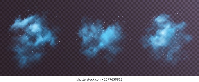 Amazing misty effect with shimmering smoke blue and sparkling tiny stars. A glowing fog filled with luminous particles, blue vapor sprinkled with stardust.	