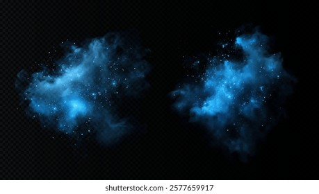 Amazing misty effect with shimmering smoke blue and sparkling tiny stars. A glowing fog filled with luminous particles, blue vapor sprinkled with stardust.	