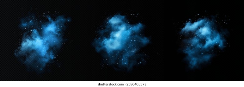 Amazing misty effect with shimmering smoke blue and sparkling tiny stars. A glowing fog filled with luminous particles, blue vapor sprinkled with stardust.	
