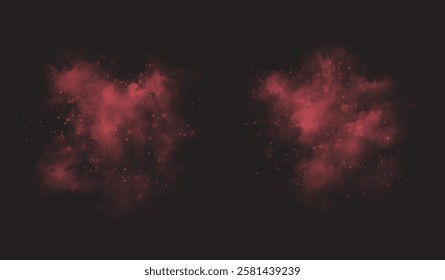 Amazing misty effect with shimmering smoke red and sparkling tiny stars. A glowing fog filled with luminous particles, blue vapor sprinkled with stardust.	
