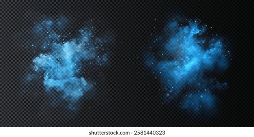 Amazing misty effect with shimmering smoke blue and sparkling tiny stars. A glowing fog filled with luminous particles, blue vapor sprinkled with stardust.	