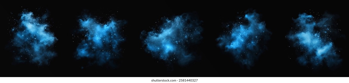 Amazing misty effect with shimmering smoke blue and sparkling tiny stars. A glowing fog filled with luminous particles, blue vapor sprinkled with stardust.	