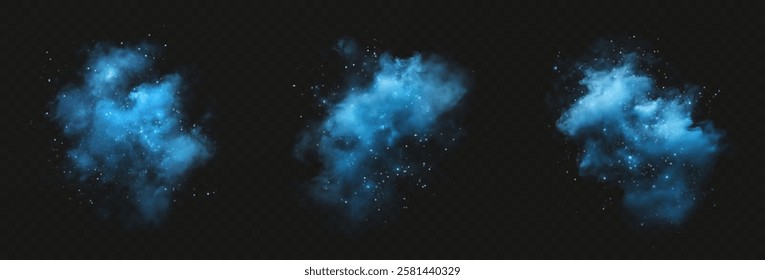 Amazing misty effect with shimmering smoke blue and sparkling tiny stars. A glowing fog filled with luminous particles, blue vapor sprinkled with stardust.	