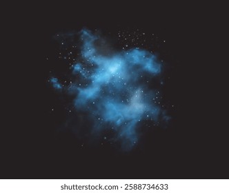 Amazing misty effect with shimmering smoke blue and sparkling tiny stars. A glowing fog filled with luminous particles, blue vapor sprinkled with stardust.	