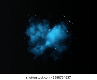 Amazing misty effect with shimmering smoke blue and sparkling tiny stars. A glowing fog filled with luminous particles, blue vapor sprinkled with stardust.	