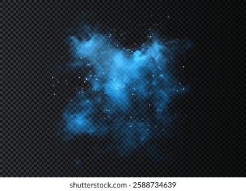 Amazing misty effect with shimmering smoke blue and sparkling tiny stars. A glowing fog filled with luminous particles, blue vapor sprinkled with stardust.	