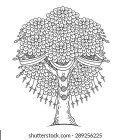 Amazing Monochrome Tree Of Life In The Indian Style With Leaves. Cartoon Vector Illustrations. Indian Tree Of Life. Indian Decor. India Style. Indian Forest. Hand Drawing Tree.