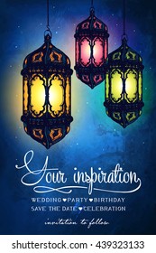 Amazing moroccan vintage lantern at magical night sky background. Unusual vector illustration. Inspiration card. Festive hanging lights. Arabic lamps