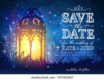 Amazing moroccan vintage lantern on grass with magical lights of fireflies at night sky background. Unusual vector illustration. Inspiration card