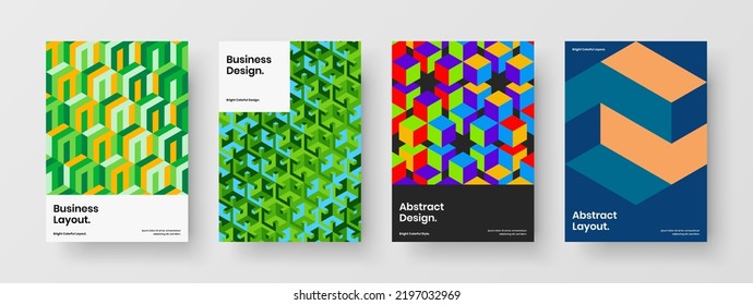 Amazing mosaic hexagons booklet template collection. Bright leaflet design vector illustration bundle.