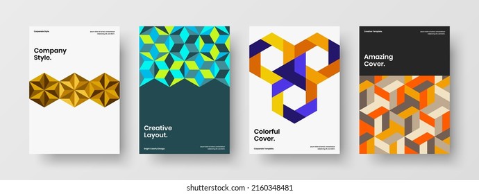 Amazing mosaic hexagons leaflet concept set. Colorful corporate brochure A4 vector design template collection.