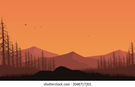 Amazing mountain view from the edge of the city at dusk with the silhouette of the pine trees around it. Vector illustration of a city