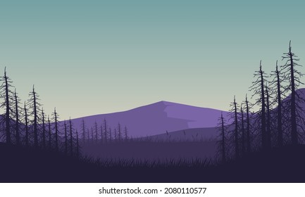 Amazing mountain view from the edge of the city at sunrise with the silhouette of the pine trees around it. Vector illustration of a city