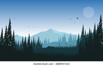 Amazing mountain view from the edge of the city at night with the silhouettes of the pine trees around it. Vector illustration of a city