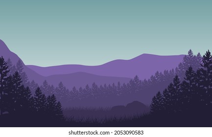 Amazing mountain view in the morning from the countryside with the silhouettes of the trees around it. Vector illustration of a city