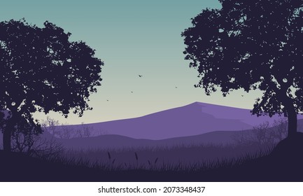 Amazing mountain view in the morning from the countryside with the silhouettes of large trees around it. Vector illustration of a city