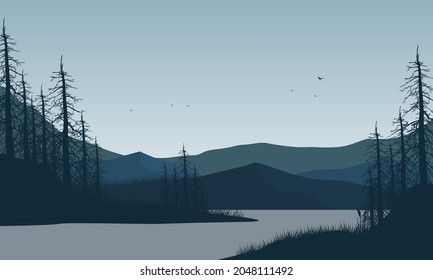 Amazing mountain view in the morning from the lakeside with the silhouette of the pine trees around it. Vector illustration of a city