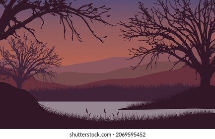 Amazing mountain view from the riverbank at dusk with the silhouette of dry trees around it. Vector illustration of a city