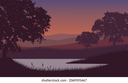 Increíble vista de la montaña desde la orilla del río al atardecer con las siluetas de los grandes árboles que la rodean. Ilustración vectorial de una ciudad