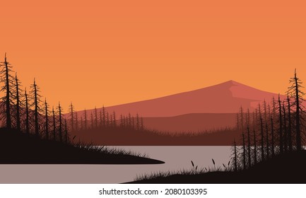 Amazing mountain view from the riverbank at dusk with the silhouettes of the pine trees around it. Vector illustration of a city